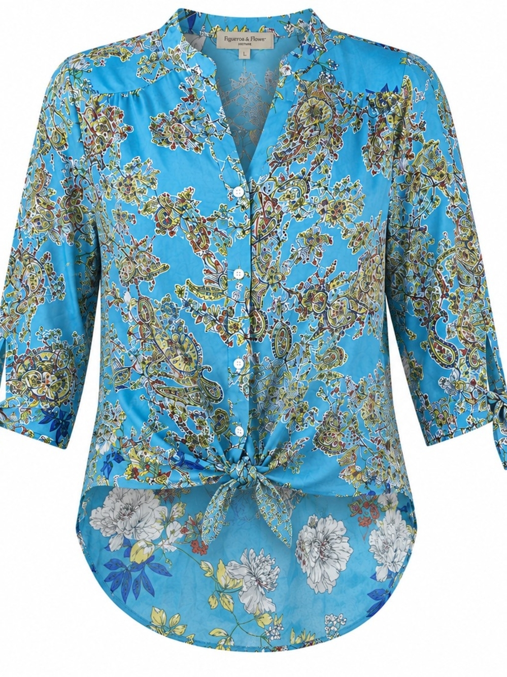 FIGUEROA & FLOWER | Blue Paisley Floral Tie Front Cottage Boho Blouse | L
